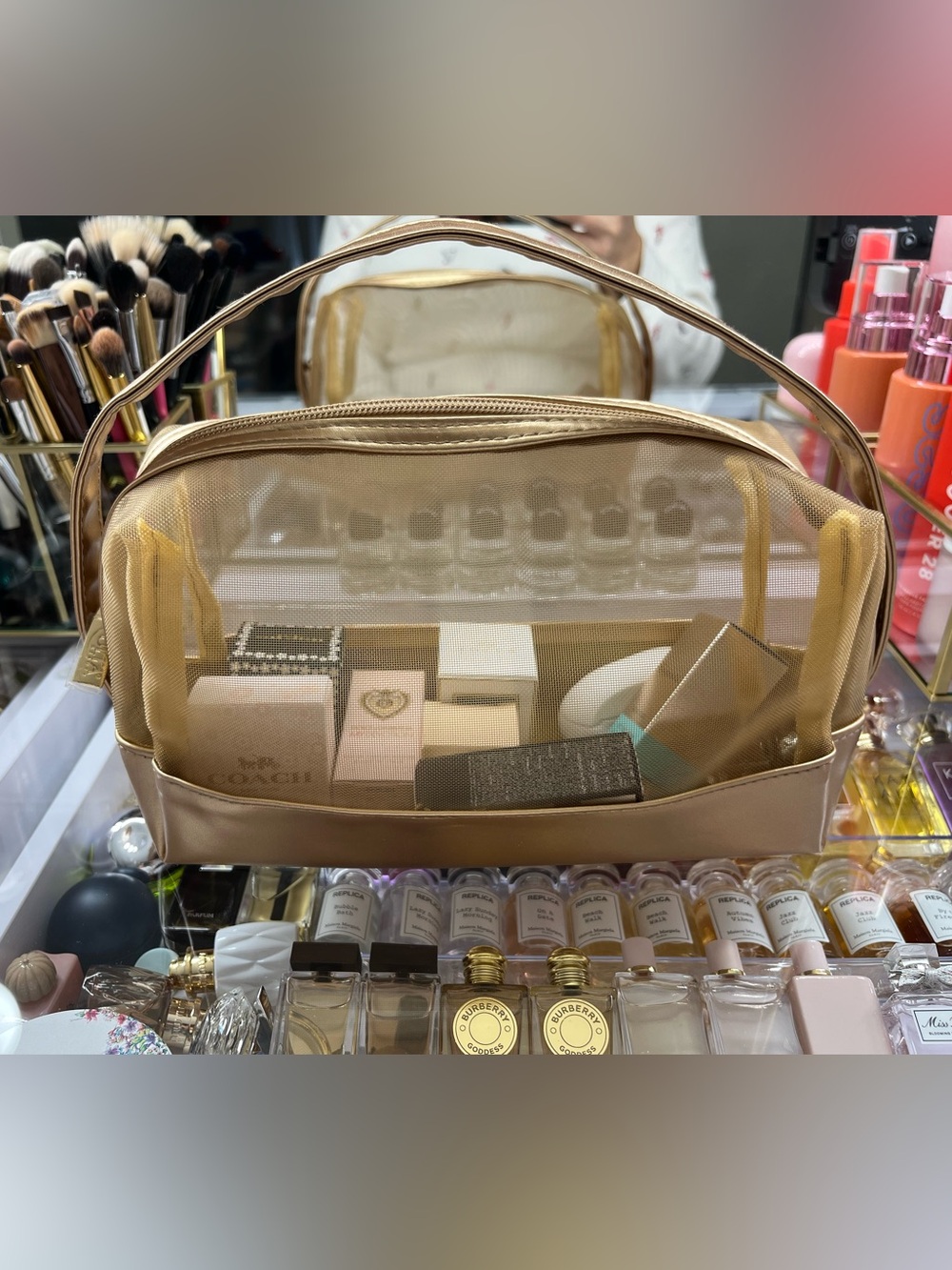 Clear Gold Mesh Cosmetic Travel Bag with 10 original minis